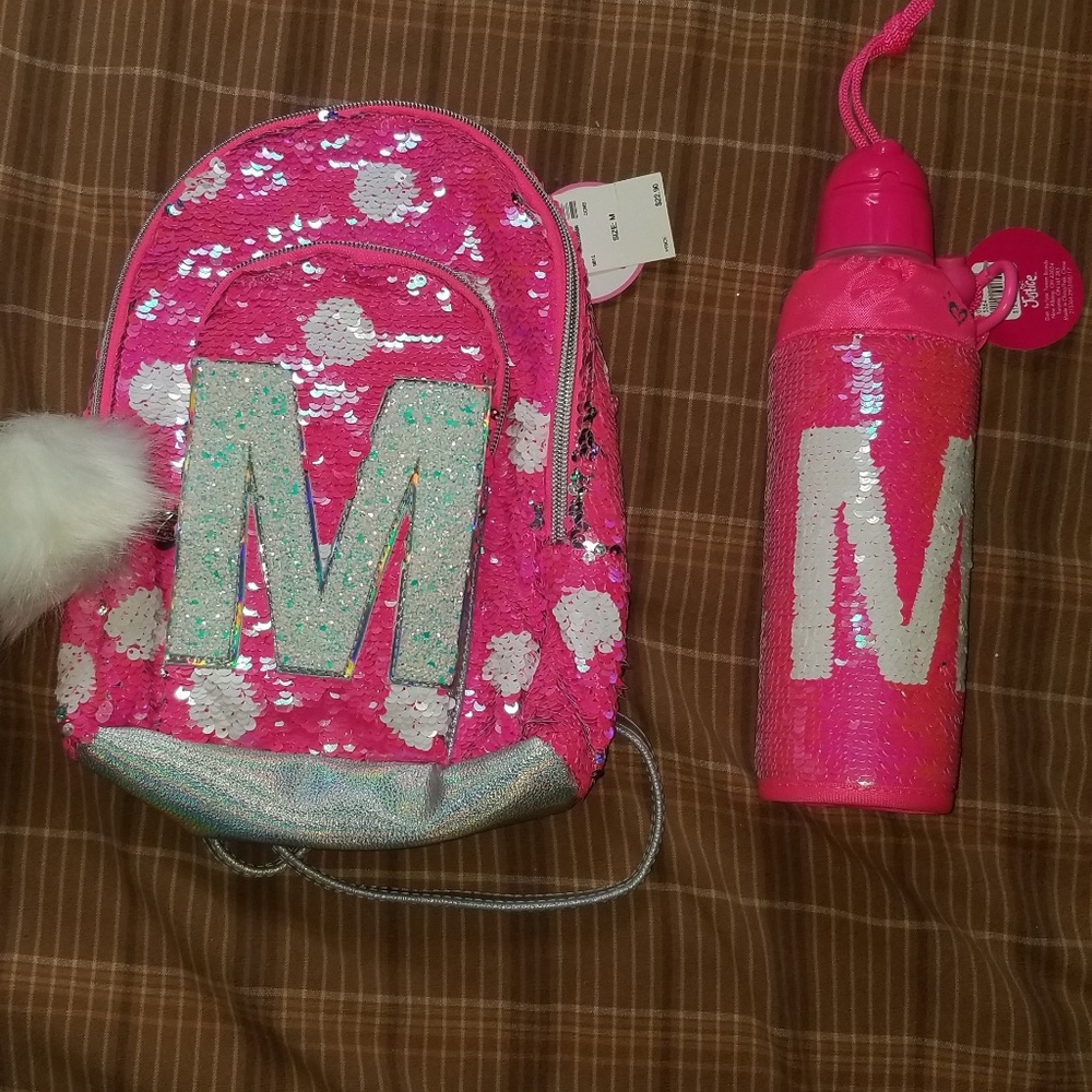 Girls Initial "M" backpack and water bottle